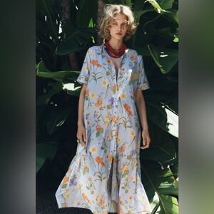 ZARA Women Collection 100% Cotton Floral Short Sleeve Tie Waist Midi Dress M NWT